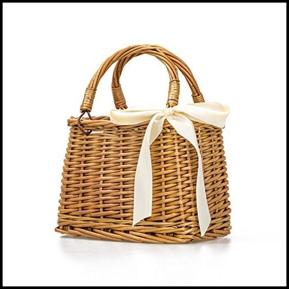 Handbags - Natural Wicker Handbag Rectangular Basket Purse Straw Tote Boho Chic